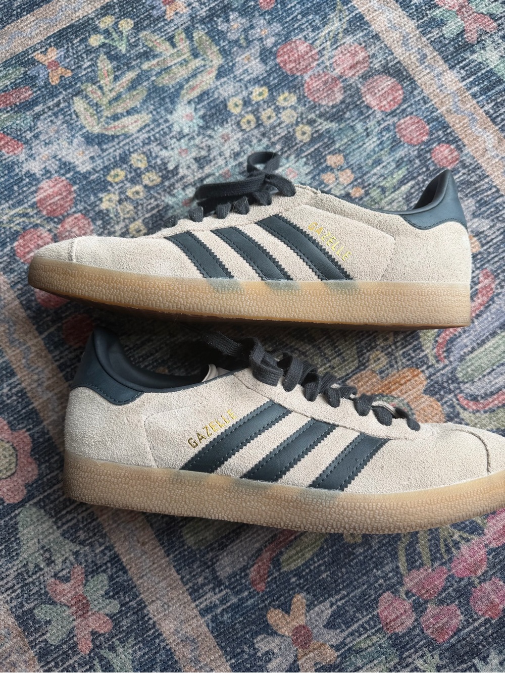 adidas Gazelle Women’s Suede Sneakers in Beige with Black Stripes